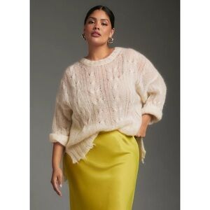 NWT Anthropologie Posey Sheer Fine Knit Wool Tunic Sweater Cream Large